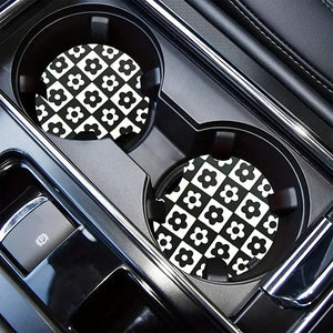 Black and White Daisy Checkered Car Coaster Set