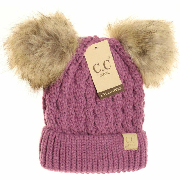 Kids' Lavendar Cable Knit Double Fur Pom Beanie