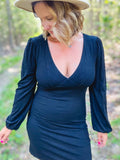 Balloon Sleeve Fitted Black Dress
