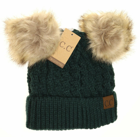 Deep Pine Cable Knit Double Pom Beanie