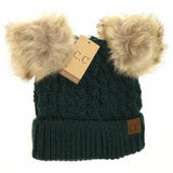 Deep Pine Cable Knit Double Pom Beanie