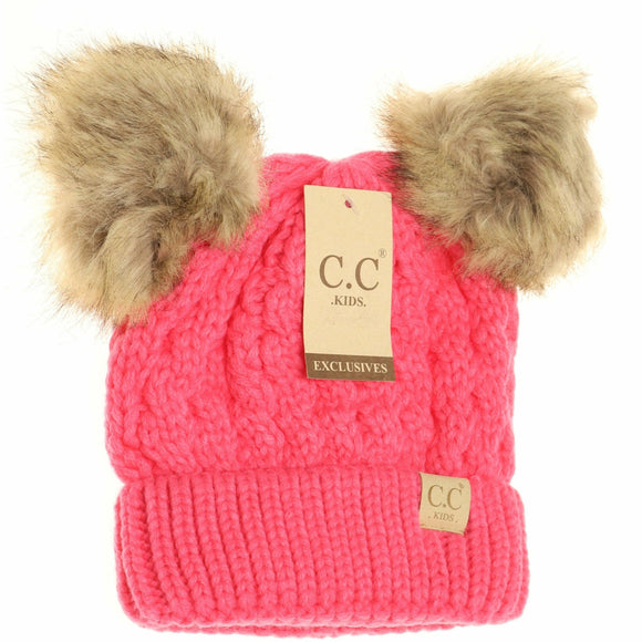 Kids' Candy Pink Cable Knit Double Fur Pom Beanie