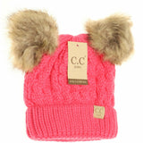 Kids' Candy Pink Cable Knit Double Fur Pom Beanie