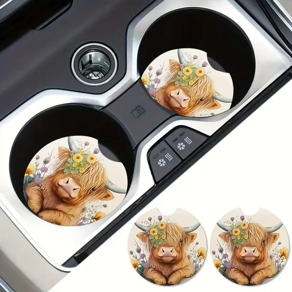 Highland Cow Car Coaster Set