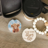 Slow Down Highland Cow Farmhouse Car Coaster Set