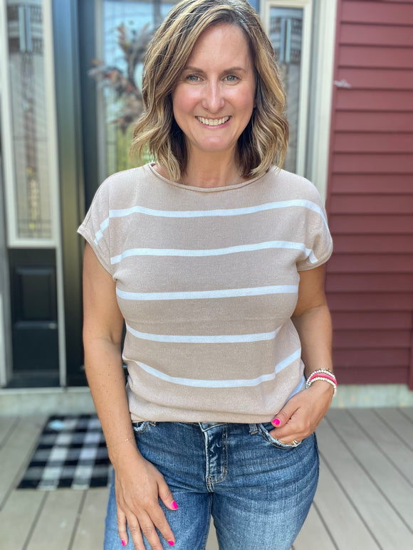Wide Neck Stripe Top in Taupe
