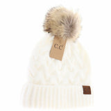 Ivory Chunky Braided Cable Knit Fur Pom C.C Beanie