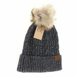 Black Soft Cuff Cable Knit Fur Pom C.C Beanie