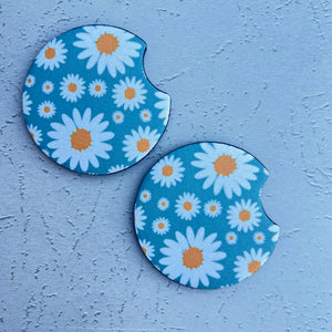 Dusty Teal Daisy Car Coaster Set