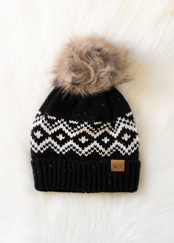 Black & Speckled Patterned Pom Hat