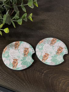 Teal Floral Highland Cow Car Coaster Set