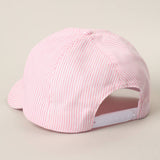 TANNED & TIPSY Embroidered Seersucker Stripe Trucker Hat: PINK / ONE SIZE