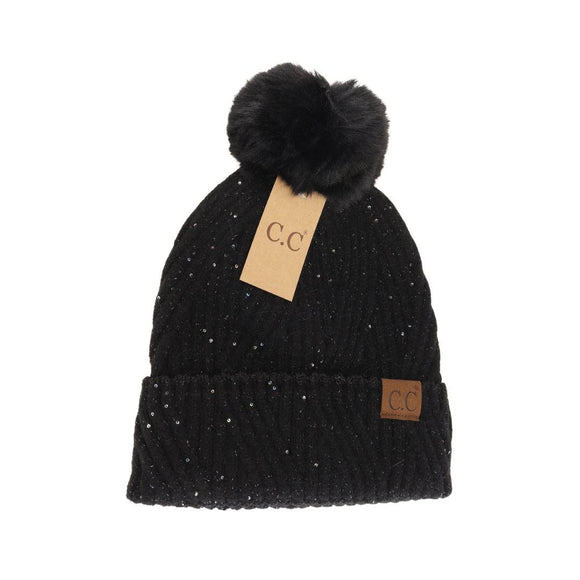 Black Sequin Faux Fur Pom C.C Beanie