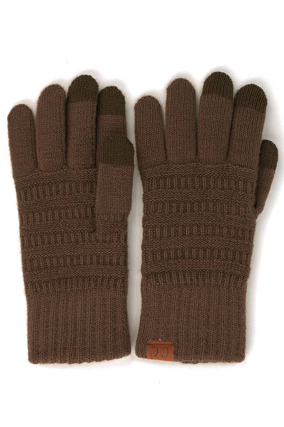 Brown Lined C.C Solid Ribbed Knit Gloves