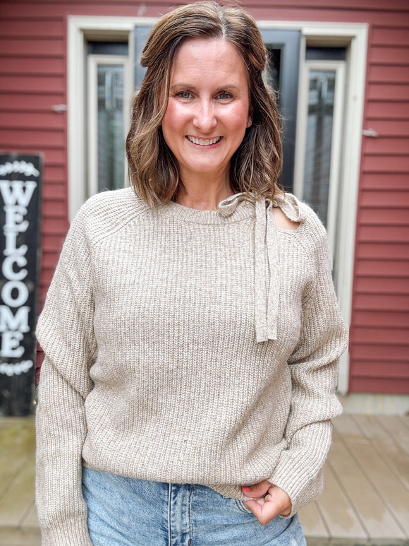 Cutout Tie Neck Sweater in Mocha