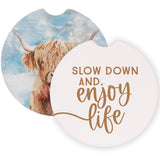Slow Down Highland Cow Farmhouse Car Coaster Set