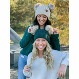Deep Pine Cable Knit Double Pom Beanie