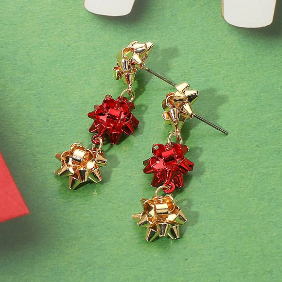 Multi Christmas Gift Bow Drop Earrings: Multi,Red