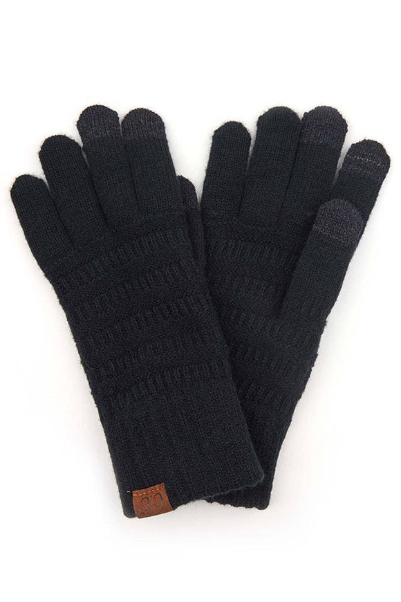 Black Lined C.C Solid Ribbed Knit Gloves