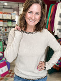 Leopard Trimmed Long Sleeve Top