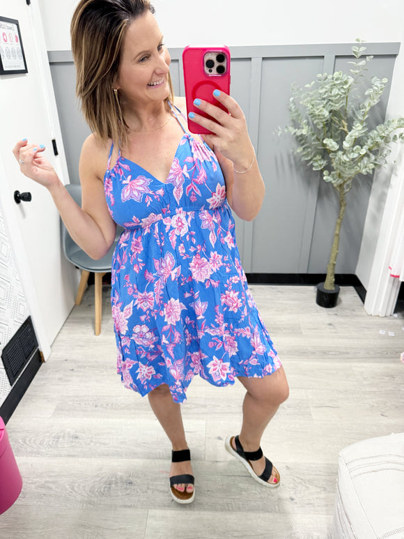 Tie Neck Floral Dress in Blue