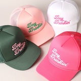 Day Drinkin Texts Embroidery Mesh Back Trucker Hat: BLUSH / ONE SIZE
