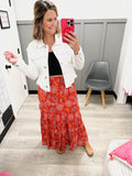 Tiered Red Smocked Maxi Skirt