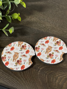 Highland Bull Floral Car Coaster Set