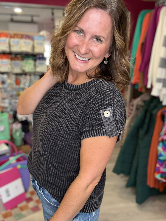 Washed Knit Pullover Sweater in Charcoal