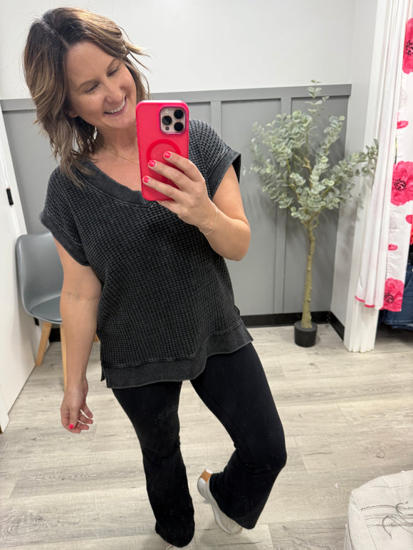 Black Chunky Waffle Mineral Wash Top
