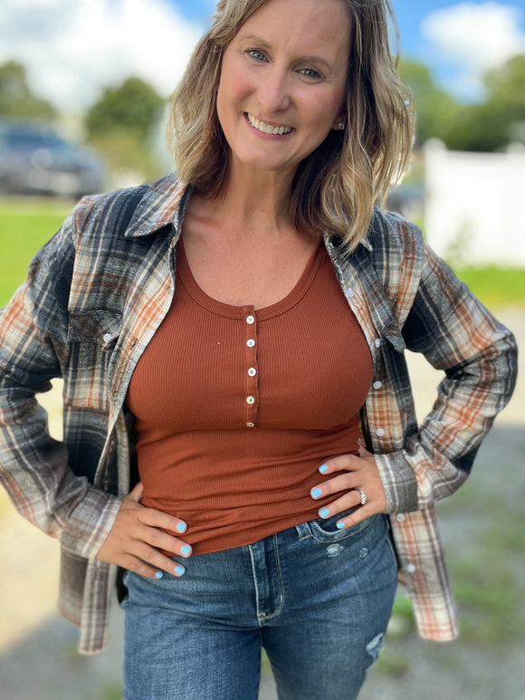 Classic Rib Henley Tank in Terracotta