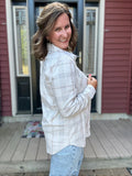 Kendra Shacket in Tan Oatmeal Grey Plaid