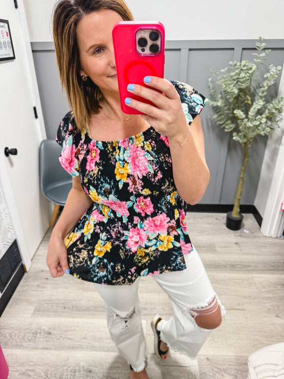 Smocked Black Floral Top