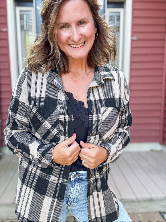Kendra Shacket in Black & Tan Plaid