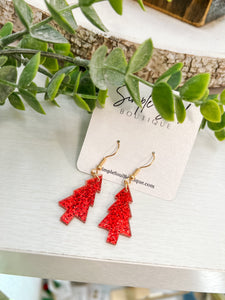 Red Christmas Tree Glitter Dangle Earrings