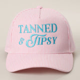 TANNED & TIPSY Embroidered Seersucker Stripe Trucker Hat: PINK / ONE SIZE