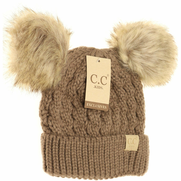 Kids' Taupe Cable Knit Double Fur Pom Beanie