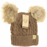 Kids' Taupe Cable Knit Double Fur Pom Beanie