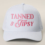TANNED & TIPSY Embroidered Seersucker Stripe Trucker Hat: PINK / ONE SIZE