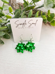 Green Christmas Bow Dangle Earrings