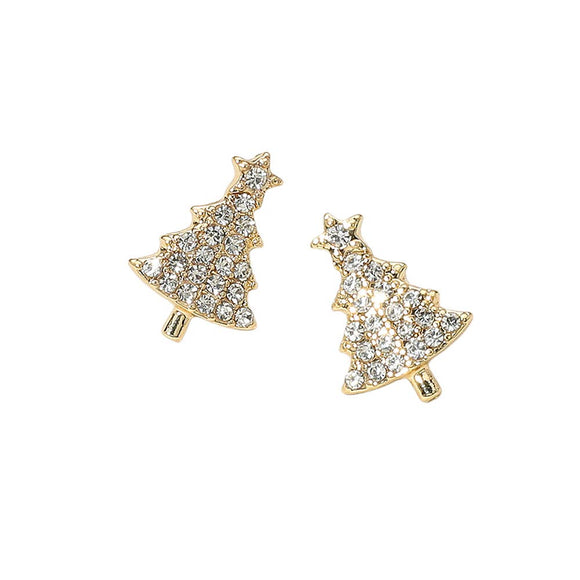 Rhinestone Paved Christmas Tree Stud Earrings: Clear,Gold