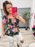 Smocked Black Floral Top
