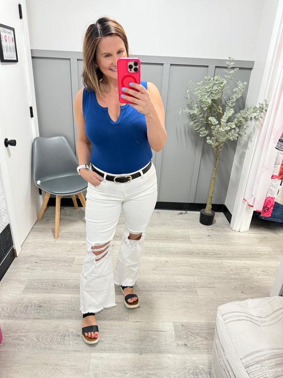 Navy Split Neck Bodysuit