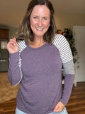 Eggplant Raglan Striped Sleeve Top