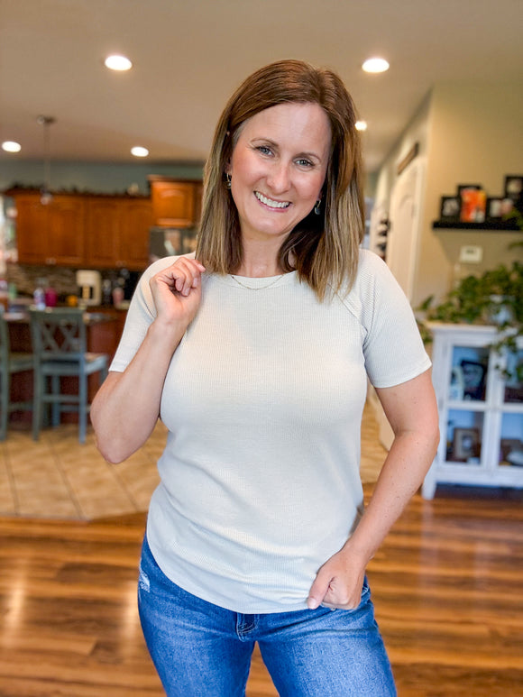Short Sleeve Fall Waffle Top in Beige