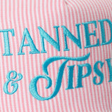 TANNED & TIPSY Embroidered Seersucker Stripe Trucker Hat: PINK / ONE SIZE