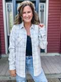 Kendra Shacket in Tan Oatmeal Grey Plaid