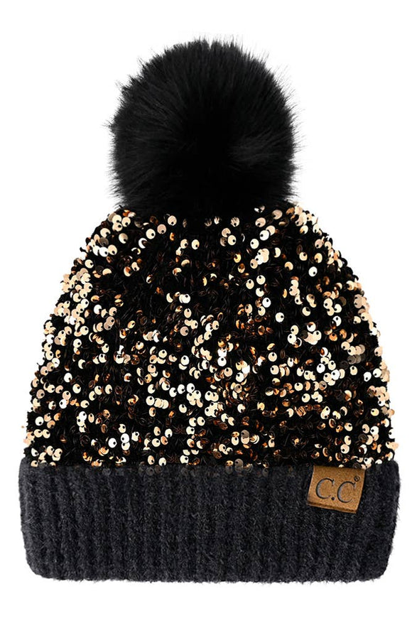 Black/Gold C.C Sequin Fur Pom Beanie