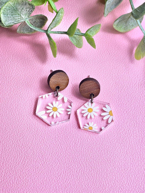 Clear Daisy Earrings with round walnut stud topper