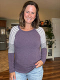 Eggplant Raglan Striped Sleeve Top